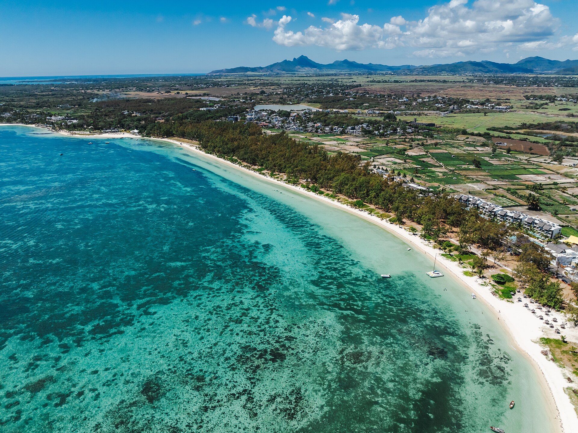Aerial view of Belle Mare beach and lagoon on the east coast of Mauritius