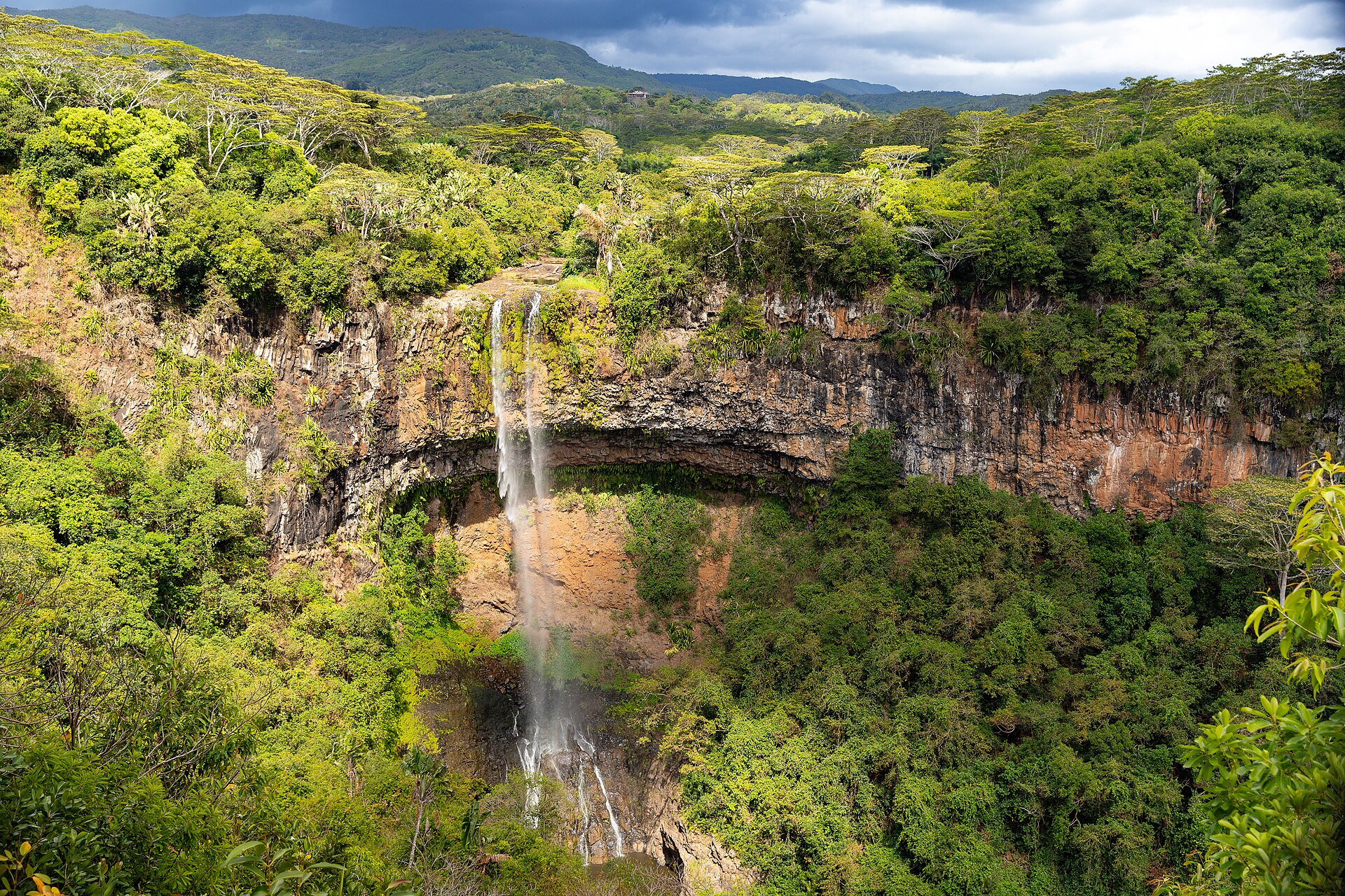 Chamarel Waterfall dropping into a forested gorge