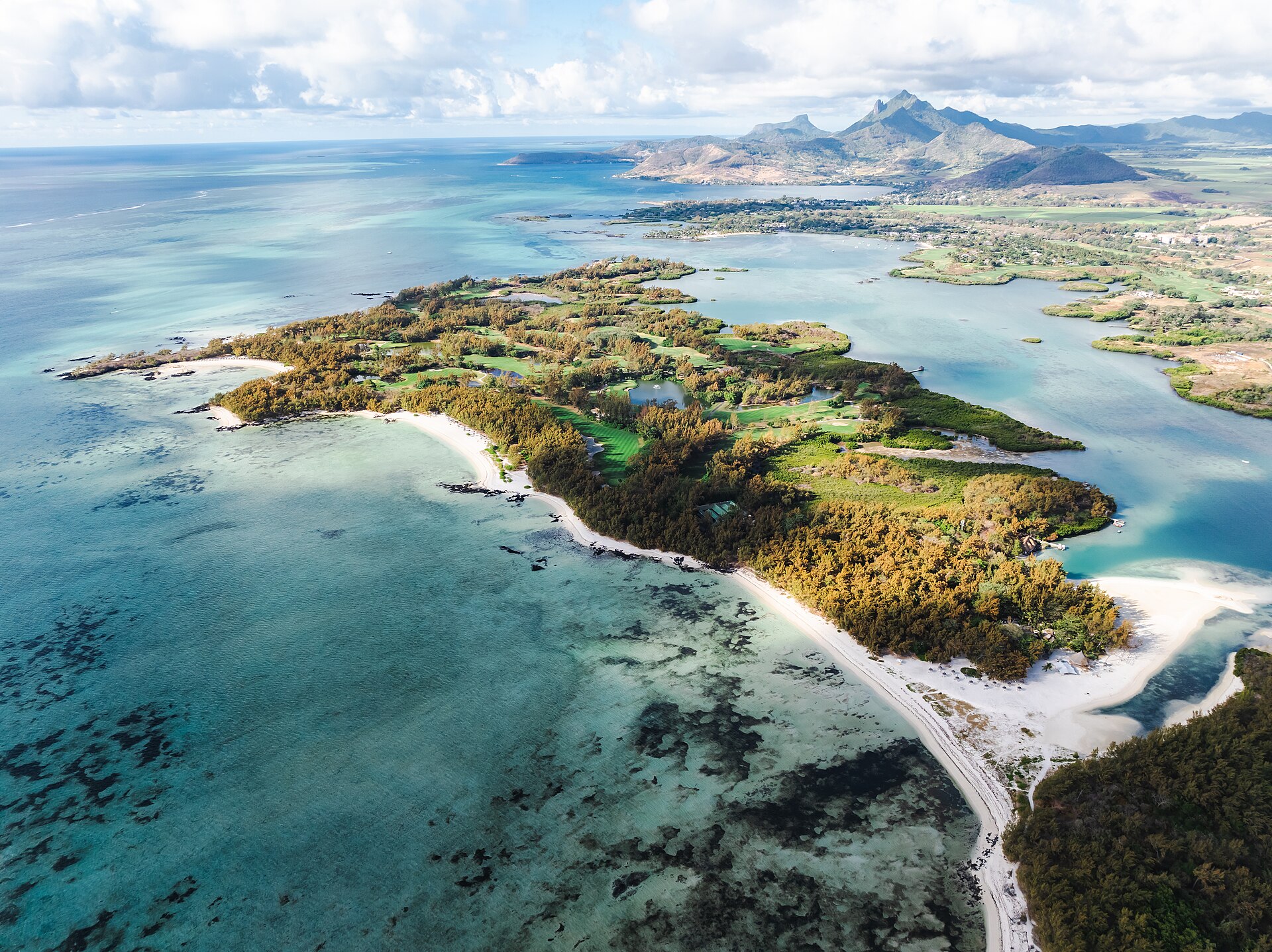 Aerial view of Île aux Cerfs in the east-coast lagoon