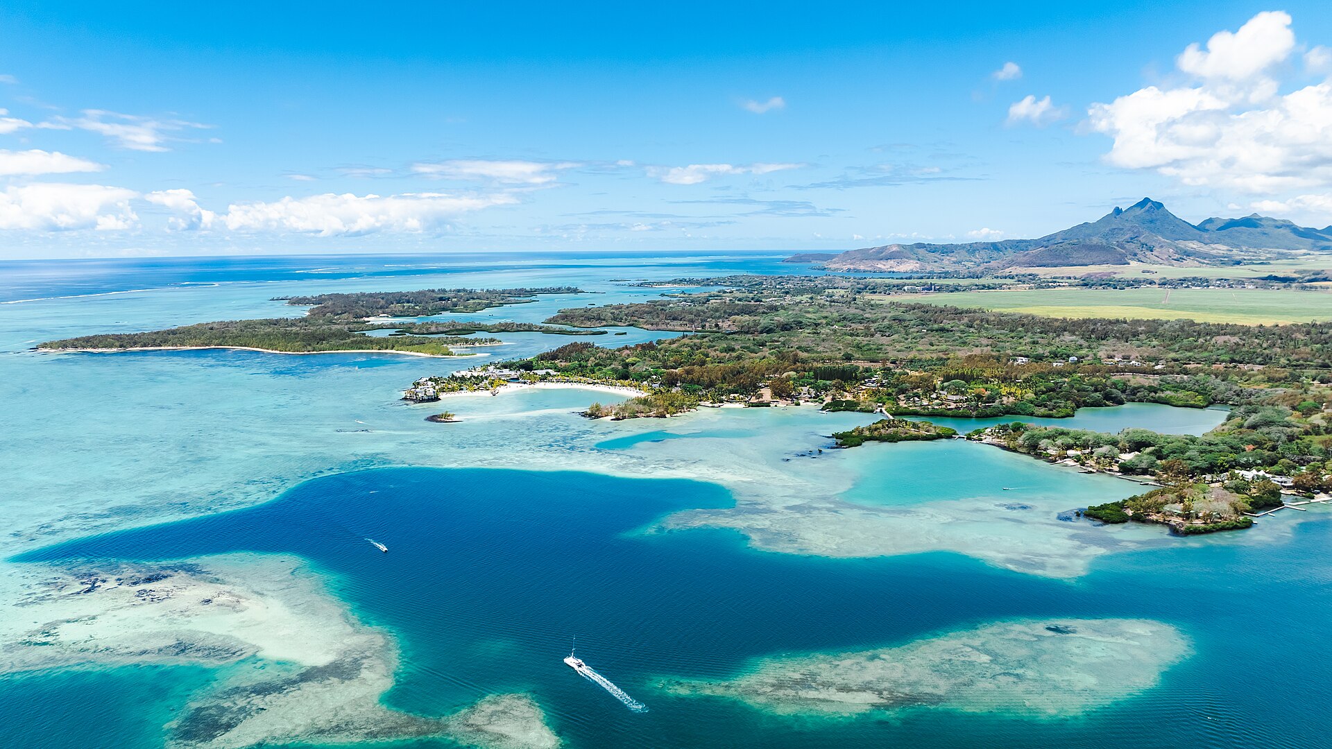 Aerial view of the lagoon and islets off Trou d'Eau Douce